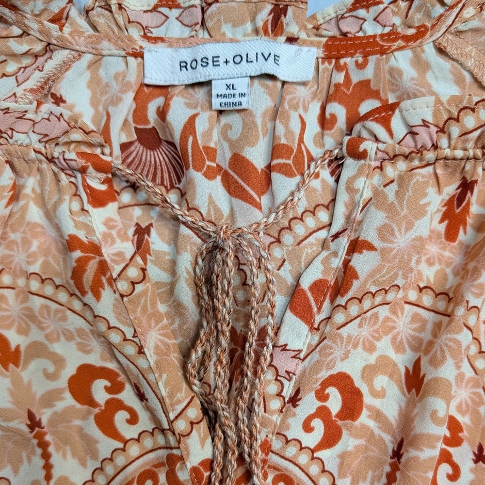 Rose + Olive Orange Paisley Ruffle Flutter Sleeve Tassel Boho Blouse XL - Picture 2 of 7